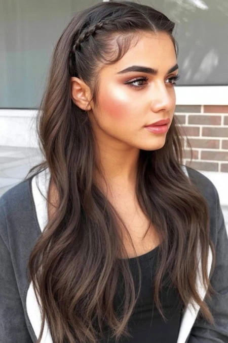 Glamorous young woman with long wavy brunette hair, perfect makeup, and stylish casual outfit, outdoor setting for beauty and hairstyle inspiration.