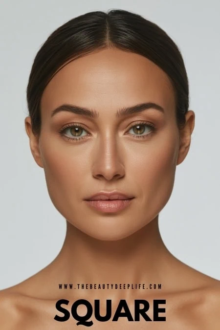 Beautiful woman with flawless clear skin, natural makeup, and sleek hair, showcasing a square face shape.