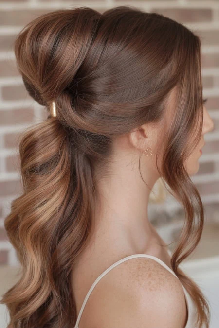 Elegant half-up, half-down hairstyle with soft curls and a twisted bun for a romantic, formal long hair look. Perfect for weddings or special occasions.