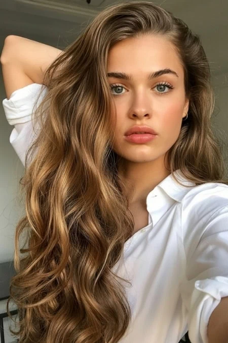 Stunning young woman with long, wavy hair showcasing natural beauty and skincare, perfect for beauty and hairstlye inspiration.