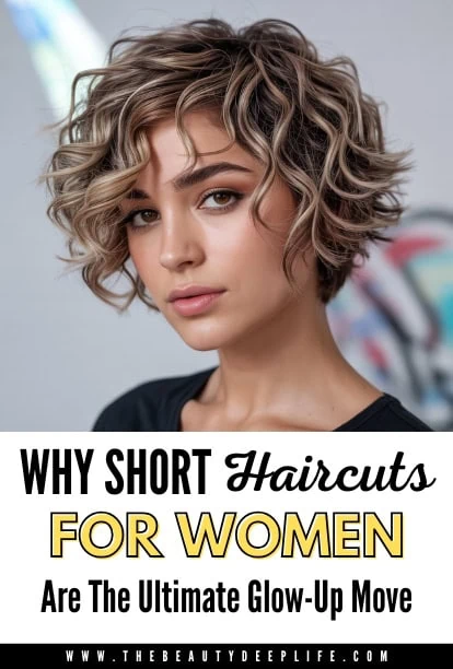 woman with a wavy bob and text overlay - why short haircuts for women are the ulitmate glow-up