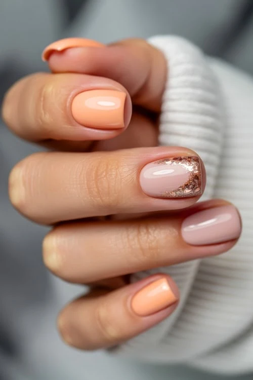 Elegant nude and peach gel nail polish with metallic accent on natural manicured nails, showcasing beauty and nail artistry for a trendy look.