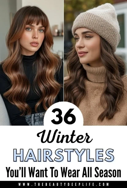 Stylish winter hairstyles for women featuring long, wavy hair and glamorous looks for all seasons.
