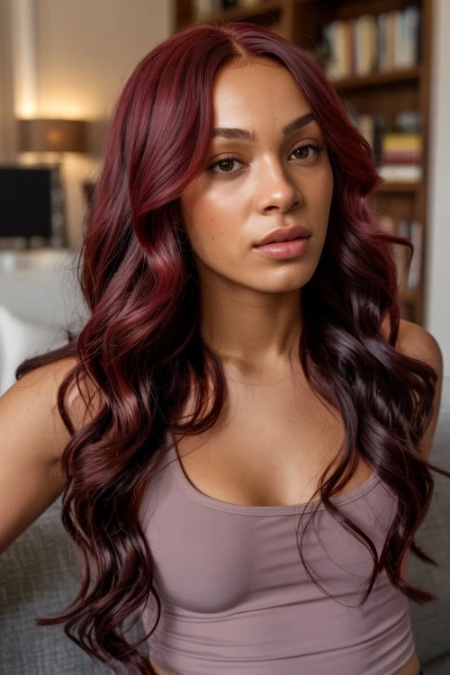 Vibrant red hair with soft waves, featuring premium hair coloring and styling, in an indoor setting for beauty and hair care inspirational image.