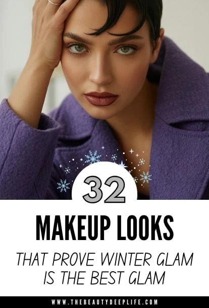 An elegant woman with bold makeup look, featuring winter-inspired makeup, close-up portrait with perfect skin, perfect for beauty and makeup blog or winter glam tips.
