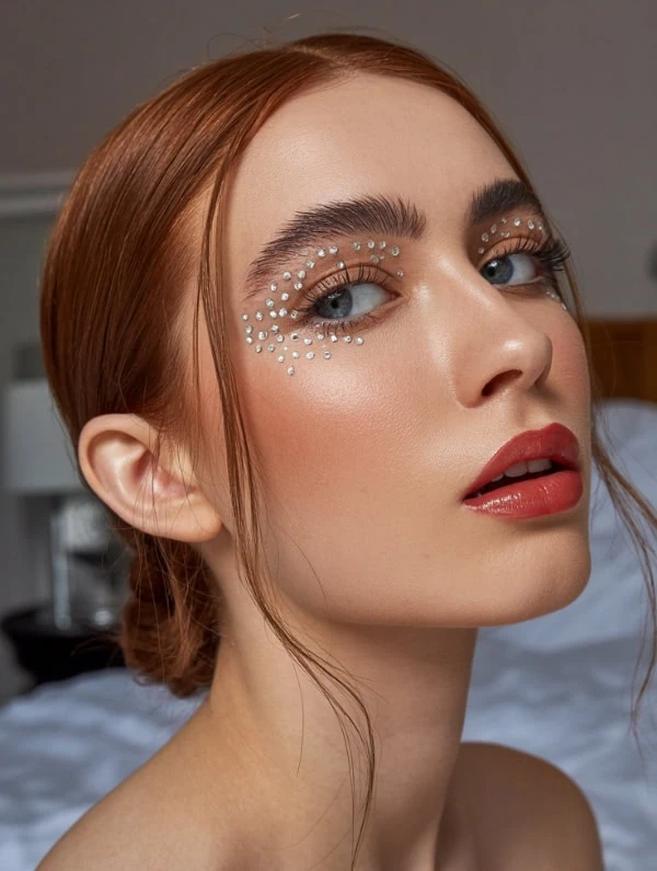 Glossy red-haired woman with intricate rhinestone eye makeup, close-up portrait, Christmas makeup look.
