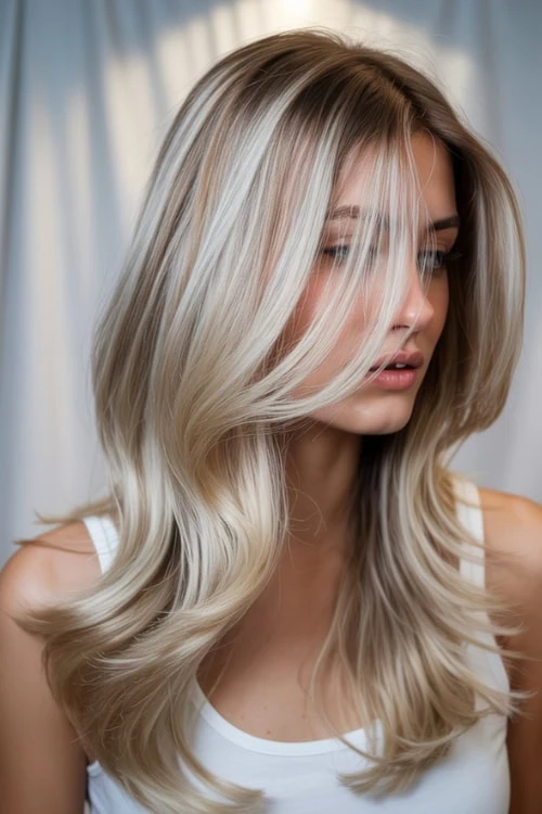 Blonde woman with long, wavy, platinum blonde hair styled for a glamorous look, showcasing healthy hair and modern hair coloring techniques.