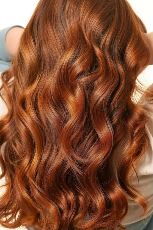 Vibrant copper hair with glossy, wavy curls showcasing healthy, shiny hair and perfect hair care.
