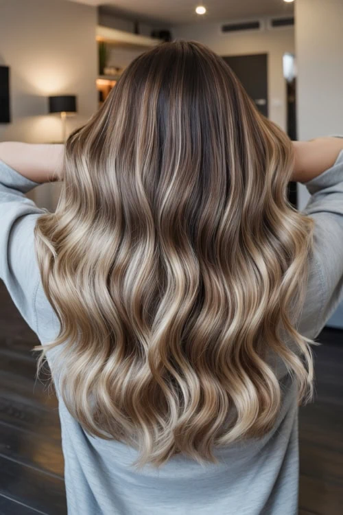 Long, wavy blonde hair with subtle highlights, curly hairstyle, professional hair coloring, healthy hair, beauty salon styling, hair care, luxurious fall hair color look.