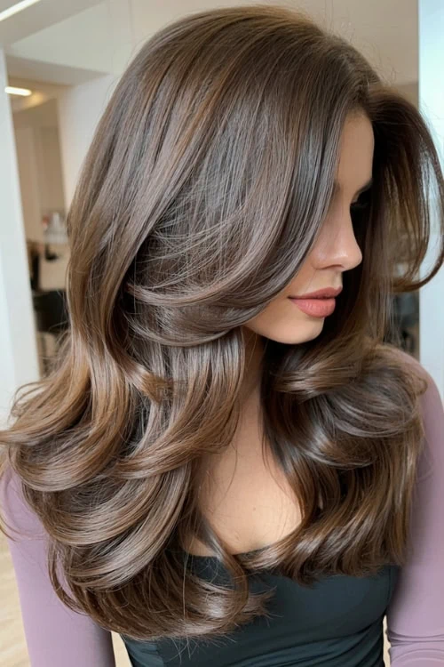 Luxurious long brown hair styled in soft waves, showcasing a fall hair color.