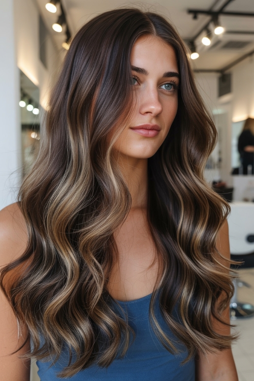 beautiful fall hair color on young woman in a salon atmosphere.