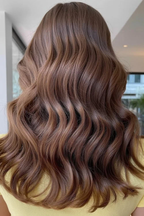 Glossy brunette wavy hair with shiny, healthy appearance, styled with soft waves for a natural and elegant look. Perfect for beauty and fall hair color inspiration.