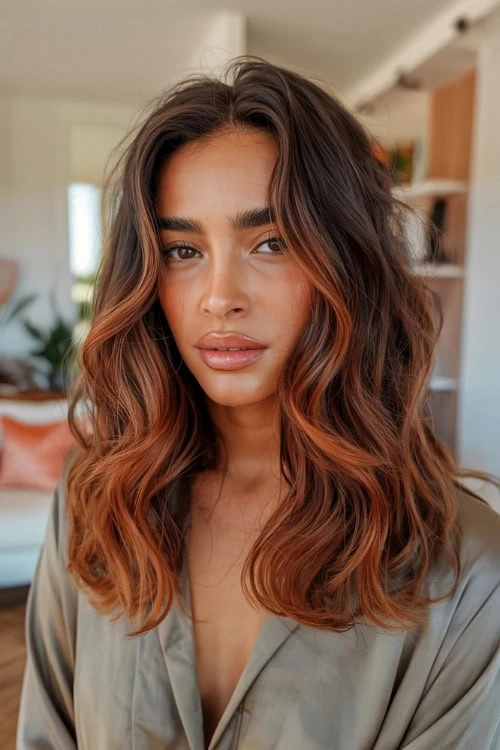 Natural curly hair with warm balayage highlights, showcasing healthy and vibrant hair color for fall.