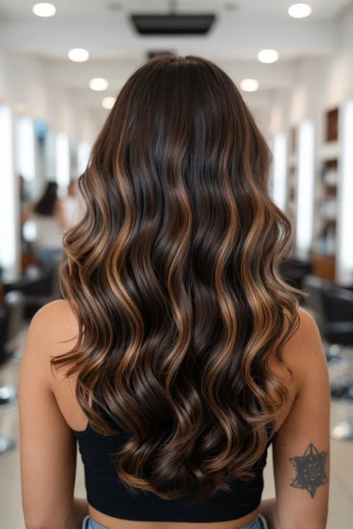 Long wavy brunette fall hair color with caramel highlights, styled in soft beach waves for a natural, glamorous look. Perfect for hair styling and beauty treatments at The Beauty Deep Life.