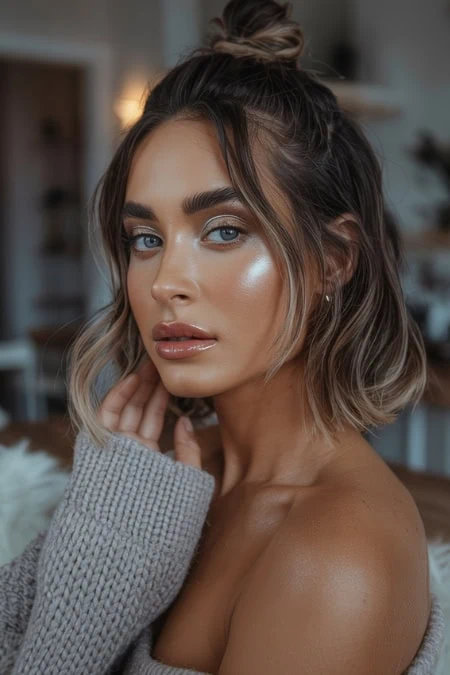 Stunning young woman with flawless makeup and wavy winter hairstyle, beauty and skincare concept, indoor setting showcasing a winter hairstyle.