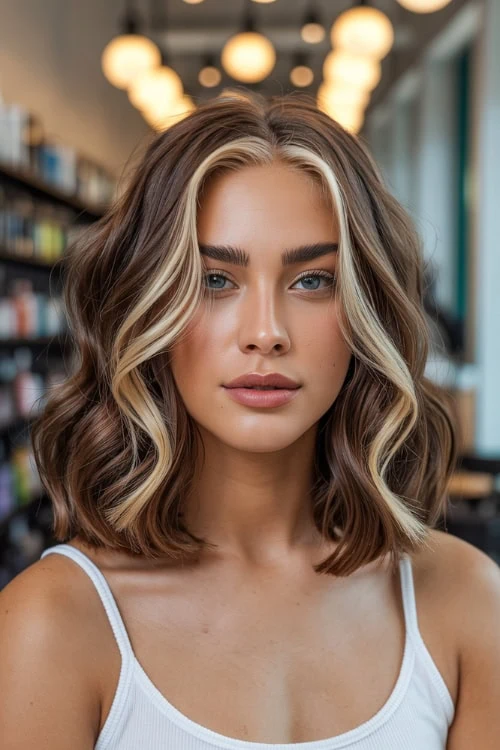 Vibrant young woman with balayage hair and flawless makeup in a modern salon setting, showcasing beauty and hair care services.