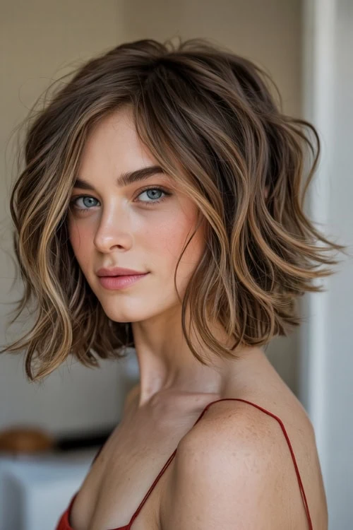 Stylish woman with shoulder-length wavy hair and natural makeup, showcasing modern long bob hairstyle.