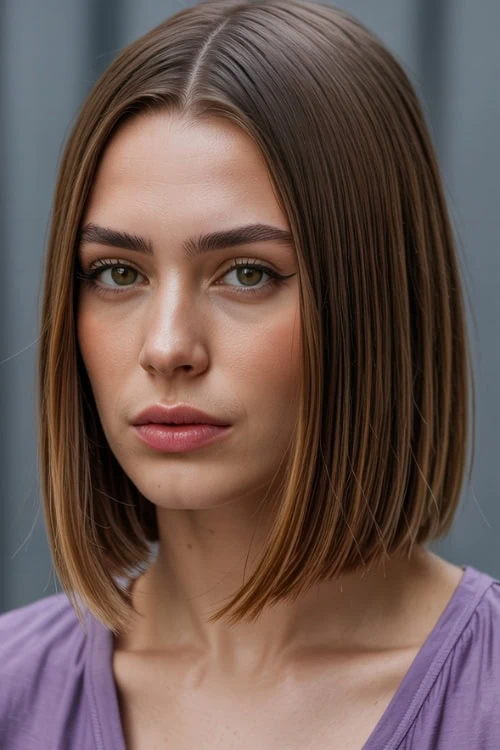 Natural beauty portrait of young woman with sleek brown hair and subtle makeup, outdoor urban background, emphasizing a long bob haircut.
