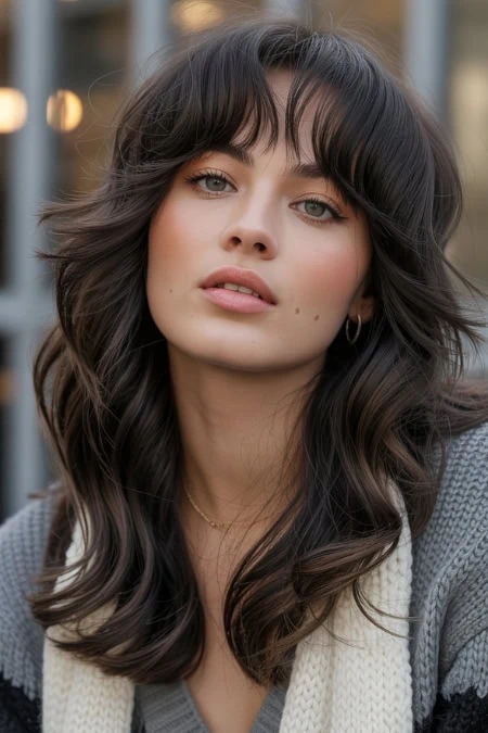 Glamorous woman with long wavy dark hair and natural makeup, outdoor urban background, fashion and beauty portrait, showcasing a winter hairstyle.