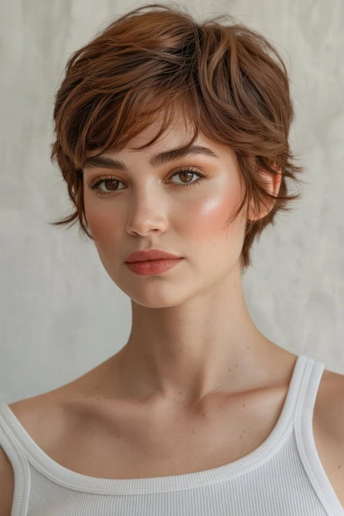 Natural youthful woman with short pixie cut brown hair, clear skin, and subtle makeup, promoting beauty, skincare, and haircare tips on The Beauty Deep Life website.