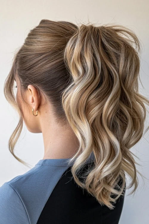 Blonde balayage wavy salon hairstyle with voluminous curls and styled half-up, half-down hairdo for a trendy and elegant summer look.