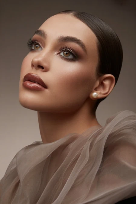 Elegant woman's face with flawless makeup and pearl earring, showcasing beauty and skincare, professional beauty photoshoot, neutral background, soft lighting, high-resolution image for beauty blog or skincare website.