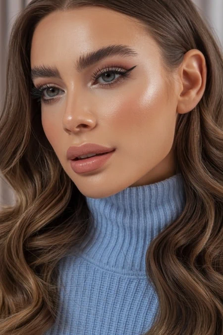 Bright, stunning woman with a flawless makeup look, winged eyeliner, and long, wavy brown hair wearing a blue turtleneck sweater for beauty, skincare, and winter makeup inspiration.