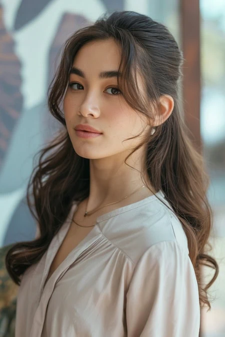 Elegant young woman with natural makeup and wavy hair, showcasing a winter hairstyle.