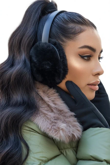 Stylish woman with winter coat and earmuffs listening to music, outdoor winter fashion scene.
