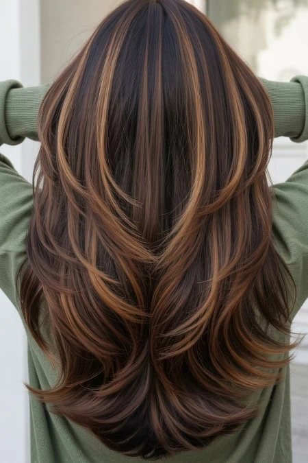 Long layered brunette hair with caramel and honey highlights, styled in soft waves for a vibrant and healthy look.