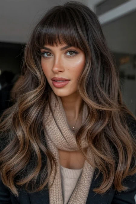 Beautiful woman with long wavy brunette hair and bangs, stylish makeup, wearing a beige scarf and sweater, indoors.