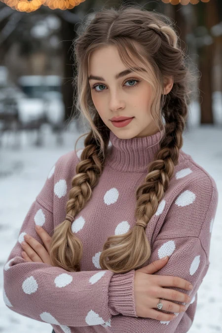 Beautiful young woman with braided hair wearing pink polka dot sweater in winter outdoor setting.