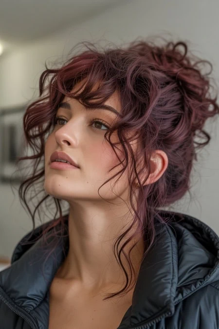 Vibrant curly auburn hairstyle with messy waves and layered cut, showcasing modern hair coloring and styling for a trendy, bold look.