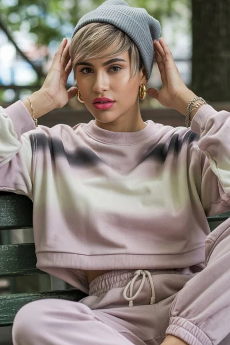 Trendy young woman with short blonde hair wearing a gray beanie, casual sweatshirt, and jewelry sitting on a park bench for urban fashion and beauty photography.