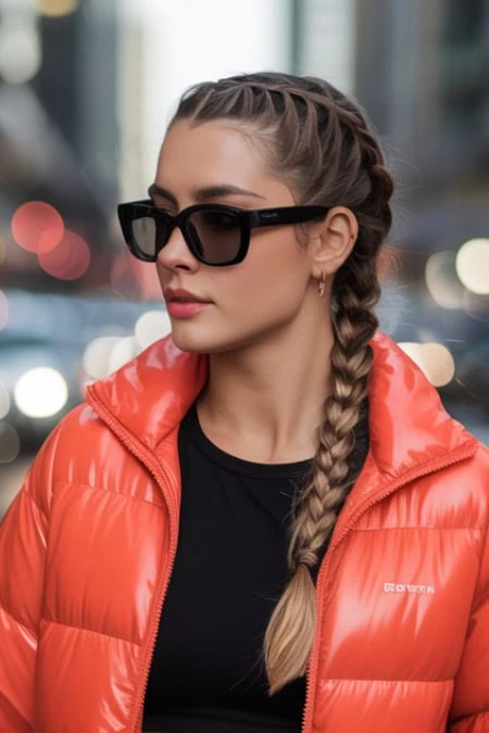 Stylish young woman in red puffer jacket with a braided winter hairstyle and black sunglasses outdoor urban fashion scene.