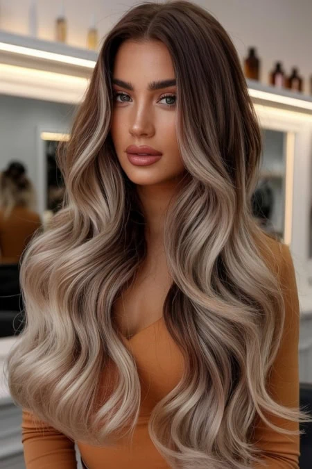 Long, wavy blonde hair featuring soft curls and balayage highlights for a glamorous winter hairstyle