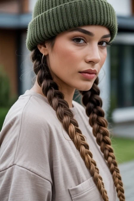 Stylish young woman with braided hair wearing a green knit beanie and casual beige sweatshirt, outdoor urban setting showcasing a winter hairstyle.