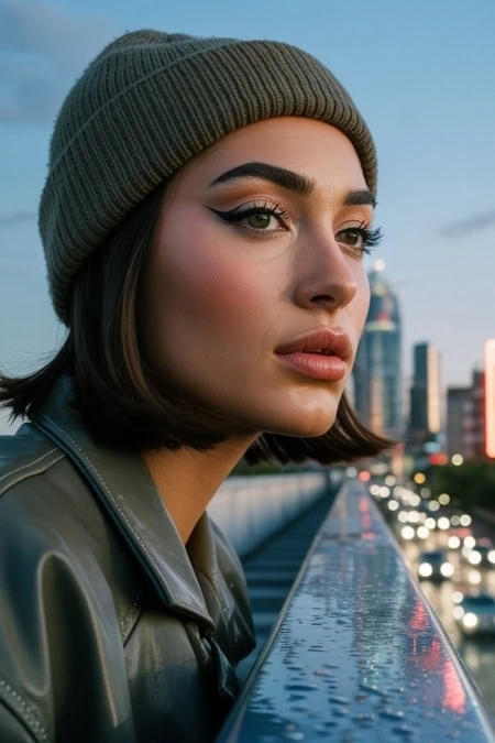 Stylish young woman with bold makeup and beanie hat enjoying urban cityscape at dusk showcasing a winter hairstyle.