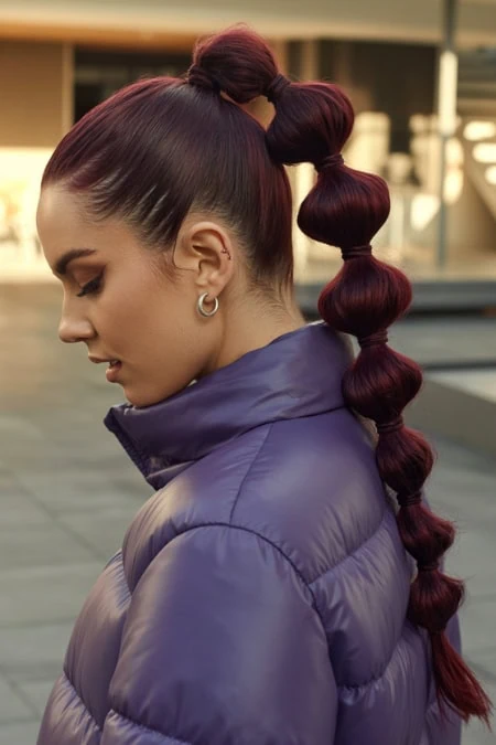 Vibrant red bulbed ponytail hairstyle featuring glossy, voluminous curls and sleek roots, styled for fashion-forward women, outdoor urban background winter.