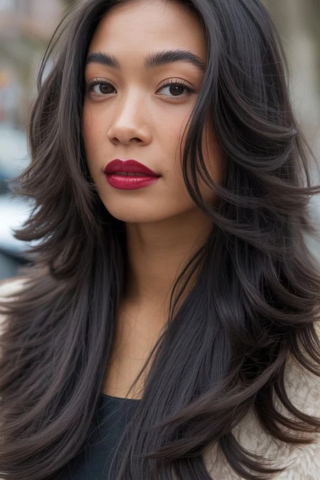 Beautiful woman with long, wavy dark hair and flawless skin, outdoor portrait, showcasing a winter hairstyle.