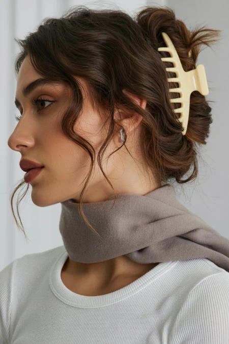 Stylish woman with curly hair using a hair clip, wearing a scarf and casual outfit, beauty and hair accessories concept showcasing a winter hairstyle.