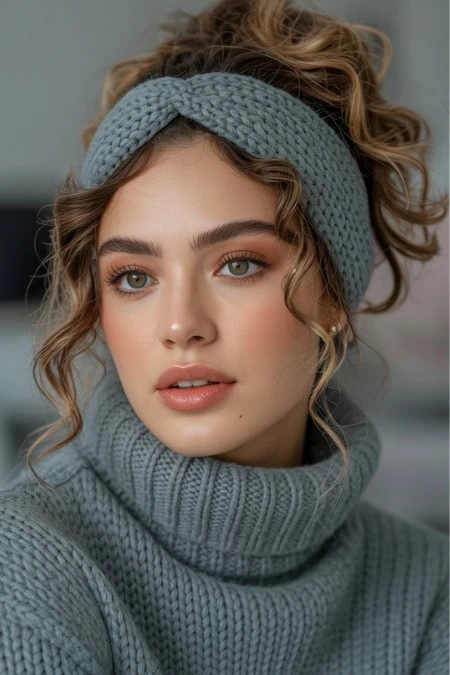 Stylish young woman wearing cozy gray knit scarf and headband, showcasing a winter hairstyle.