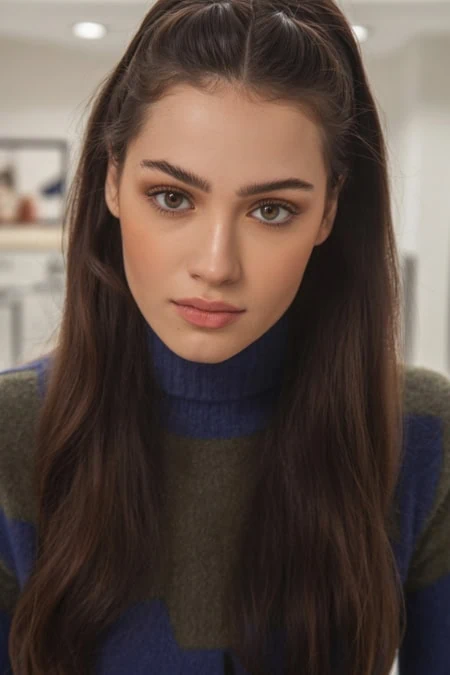 Stunning young woman with natural beauty, long brown hair, and clear skin, indoors, promoting skincare and beauty tips on The Beauty Deep Life website.