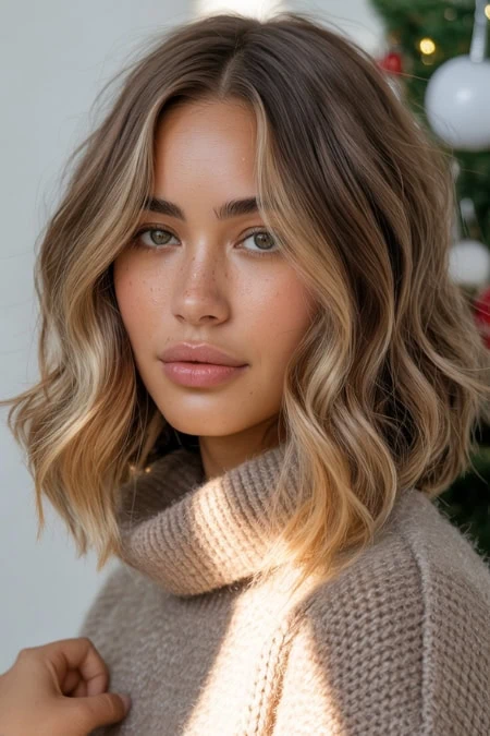 Natural beauty close-up of young woman with wavy blonde hair, clear skin, and subtle makeup, in cozy sweater near Christmas tree, lifestyle, skincare, hair care, holiday season.