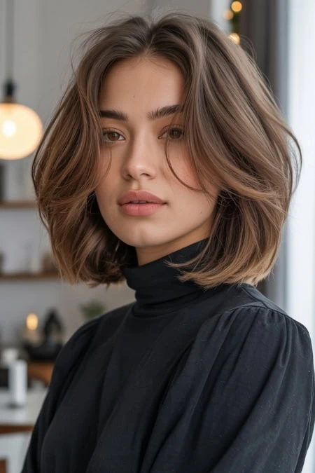 Bright, stylish woman with shoulder-length wavy hair and natural makeup, showcasing modern beauty and skincare trends.