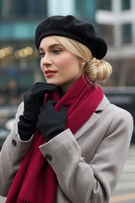 Stylish woman in winter coat with red scarf and black beret, outdoor urban setting.