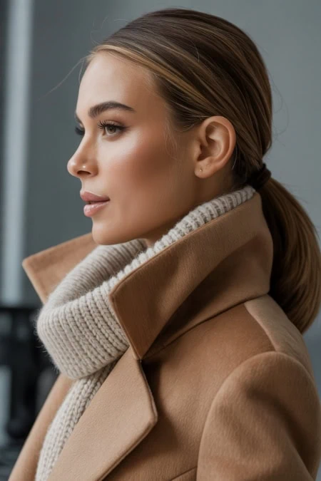 Elegant woman with flawless skin and styled hair, wearing a beige coat and cozy knit scarf, looking serene; beauty, skincare, winter fashion, hairstyle, and lifestyle imagery.