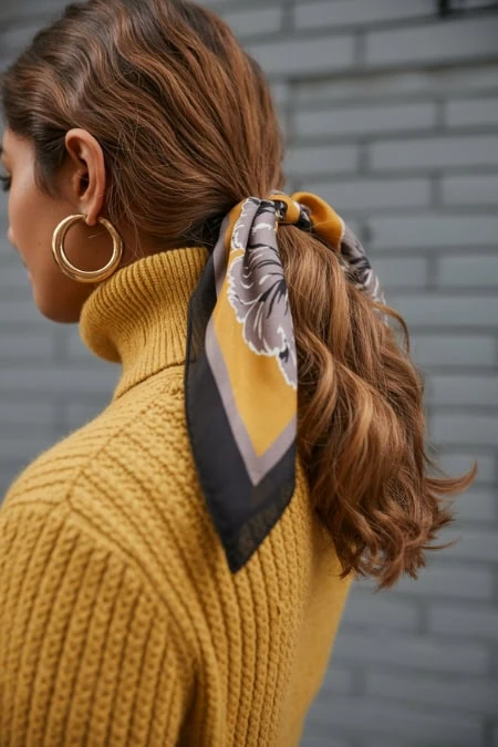 Stylish woman with wavy hair tied with a colorful scarf, wearing a mustard yellow sweater, standing against a gray wall, showcasing a winter hairstyle.
