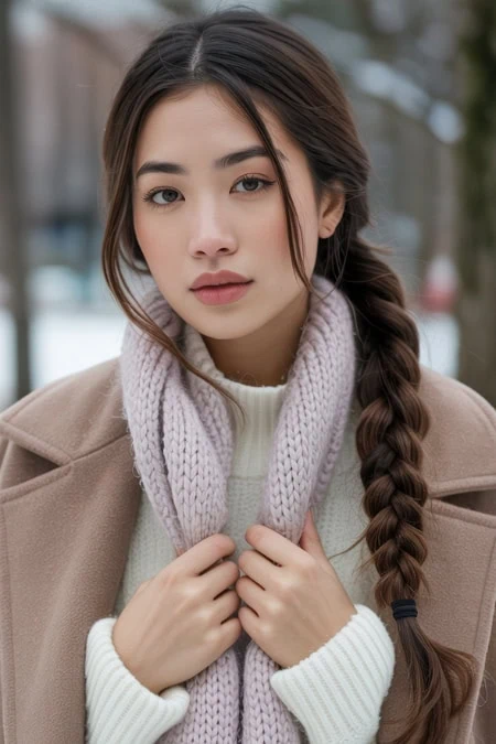 Elegant woman wearing cozy beige coat and knitted scarf, outdoor winter fashion and braided hairstyle.
