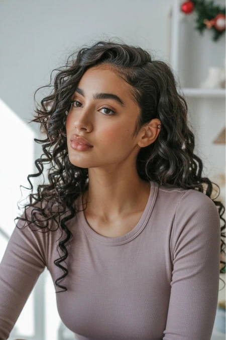 Beautiful young woman with curly hair and natural makeup in a well-lit room showcasing an easy winter hairstyle